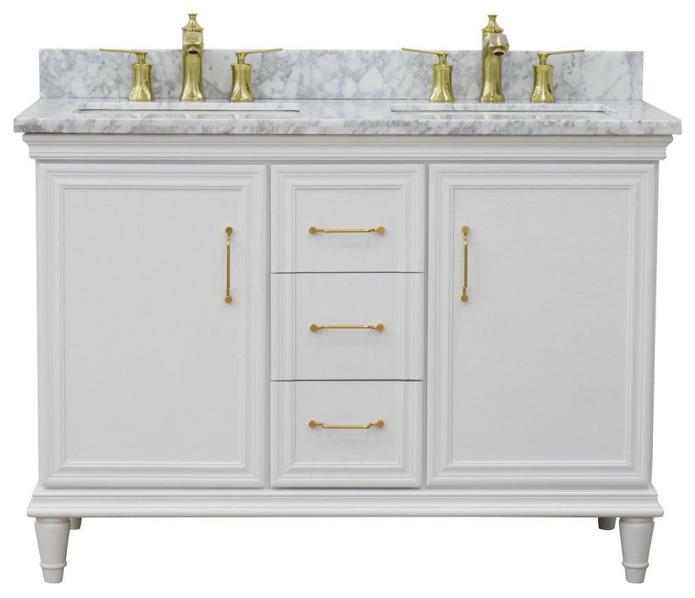 49" Double Vanity, White Finish With White Carrara And Rectangle Sink