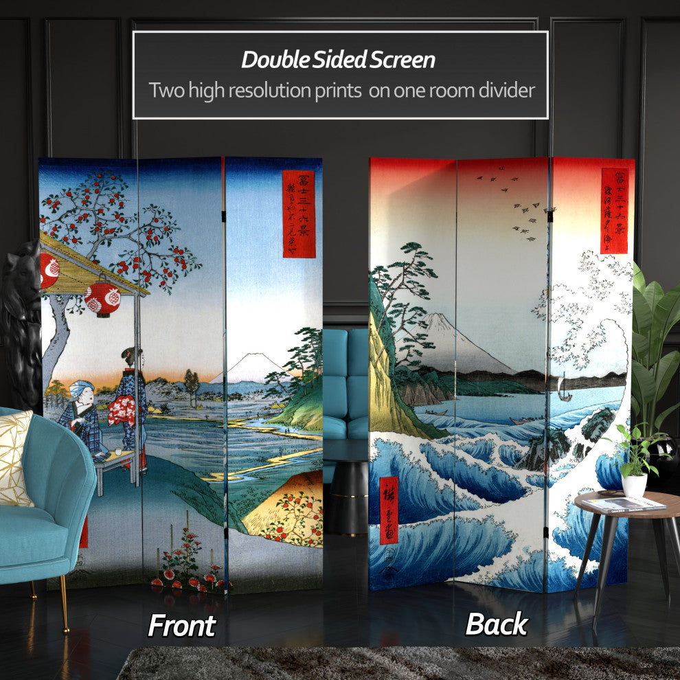 6' Tall Double Sided Hiroshige Room Divider, Sea at Satta/Teahouse
