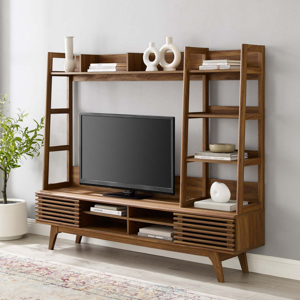 Media TV Stand Console Table, Wood, Brown Walnut, Modern, Lounge Hospitality