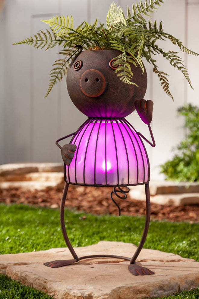 20.87" Solar Lighted Garden Meadow Pig Pot Head