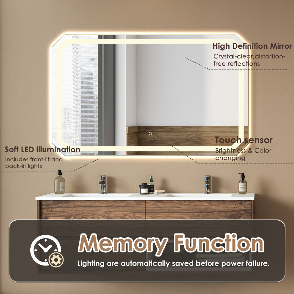 Luma Octogan Frameless LED Bathroom Vanity Mirror, 48"