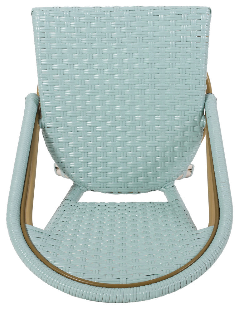 Cotterell Outdoor French Wicker and Aluminum 29.5" Barstools, Set of 4, Light Teal/Bamboo Finish