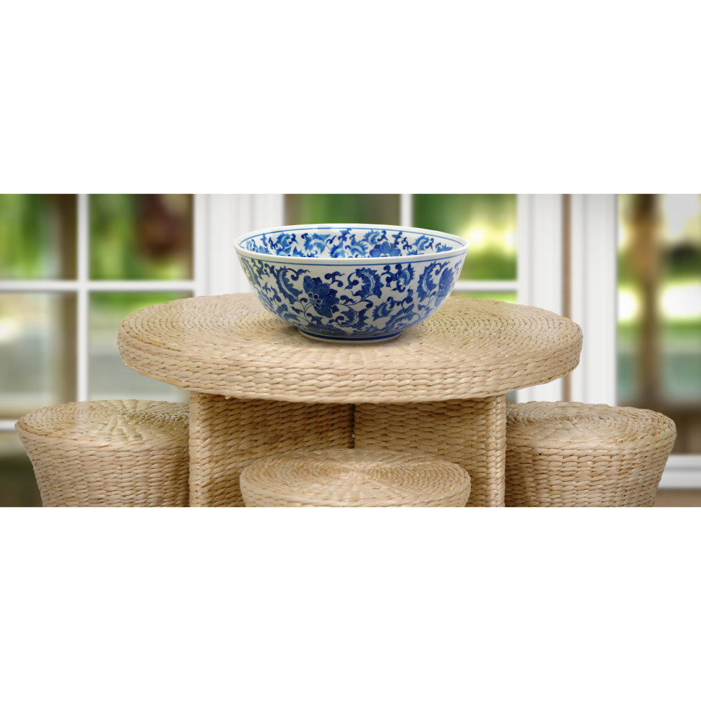 14" Floral Blue and White Porcelain Bowl