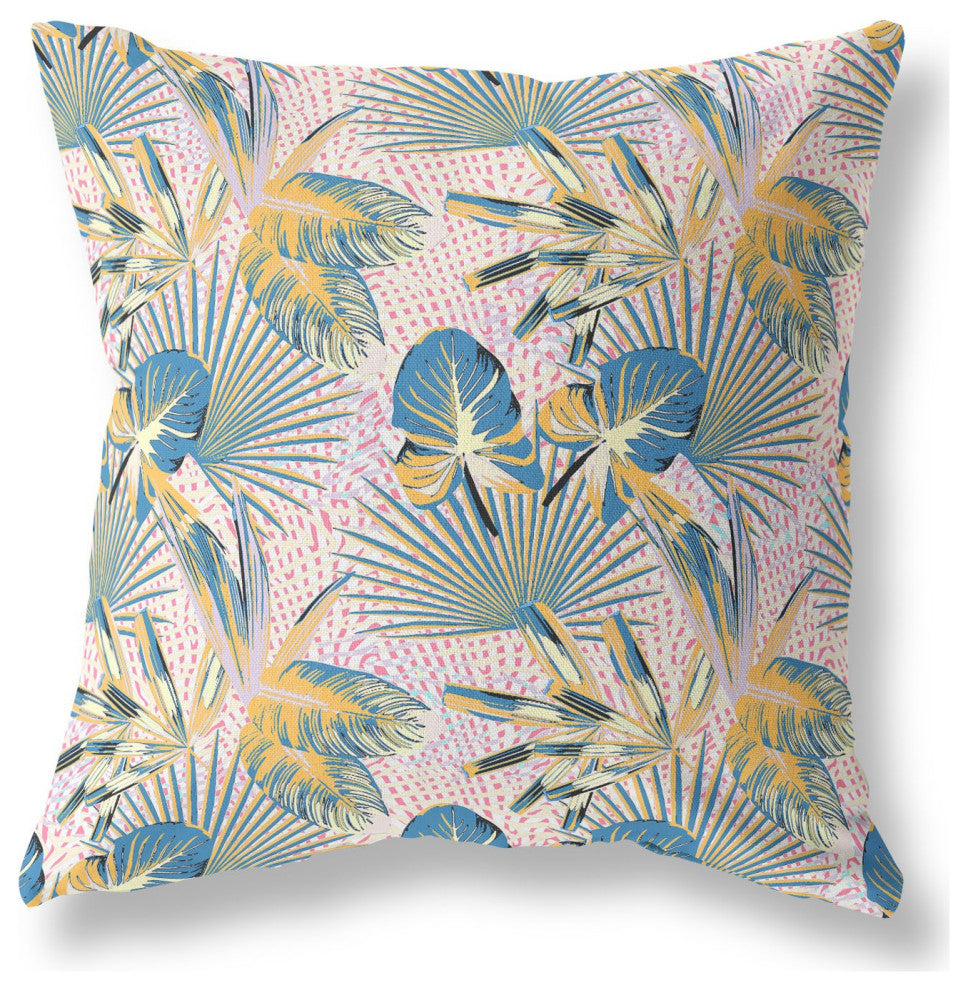 28" Blue Gold Tropical Indoor Outdoor Throw Pillow