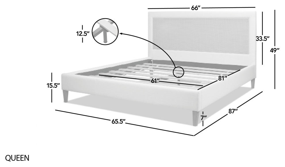 Haley Upholstered Cane-Back Platform Bed, Snow White Polyester, Queen