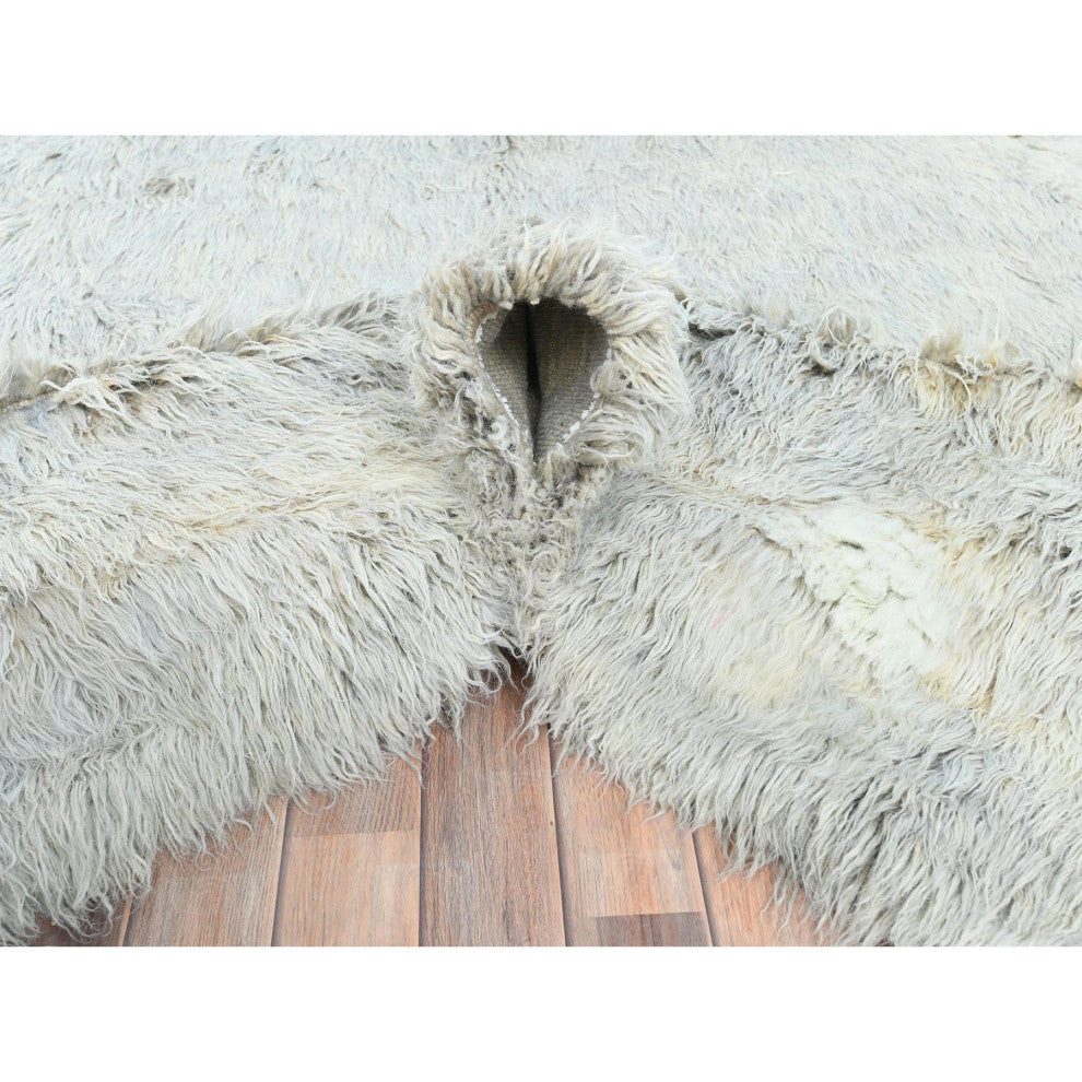 Blueish Gray, Shaggy Moroccan, Undyed Natural Wool Hand Knotted Rug, 8'0"x9'9"