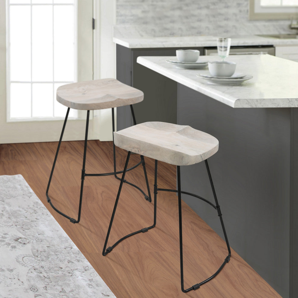 24" Backless Counter Stool Whitewashed Mango Wood Saddle Seat Black Metal