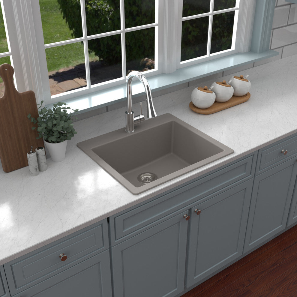 Karran QT-820 Top Mount 25" Single Bowl Quartz Kitchen Sink, Concrete