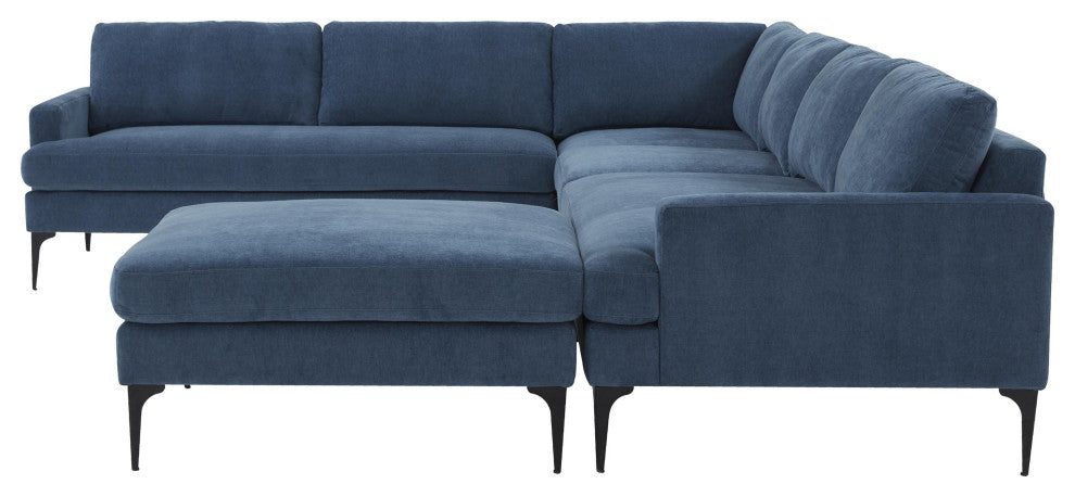 Serena Blue Velvet Large Chaise Sectional With Black Legs