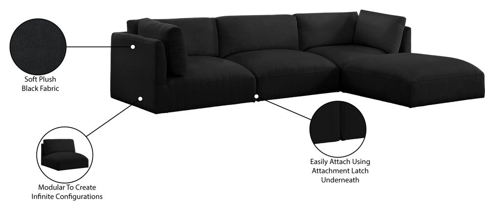 Ease Fabric Upholstered L-Shaped Modular Sectional, Black, 3 Piece: 2 Corner, 1 Armless, 1 Ottoman