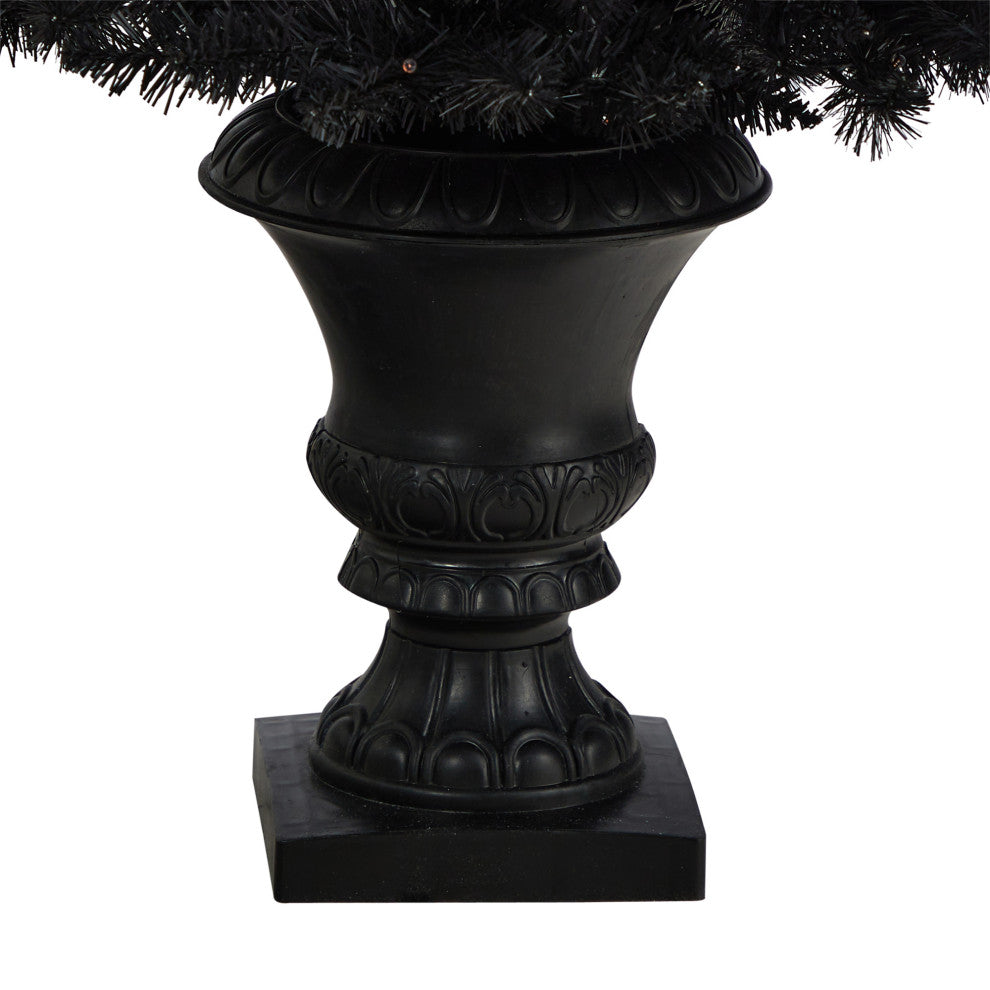 4' Black Halloween Artificial Christmas Tree, Urn With 100 Orange LED Lights