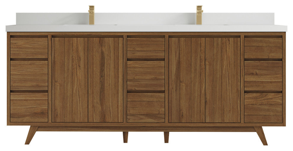 Madison Teak 84 Double Sink Bath Vanity in Dark Natural 2" White Quartz