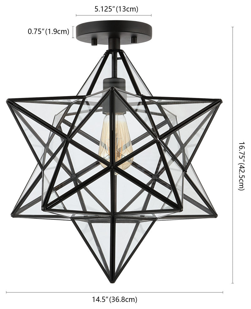 Ava 14.5" 1-Light Farmhouse Bohemian Iron/Glass LED Semi Flush Mount,Black/Clear