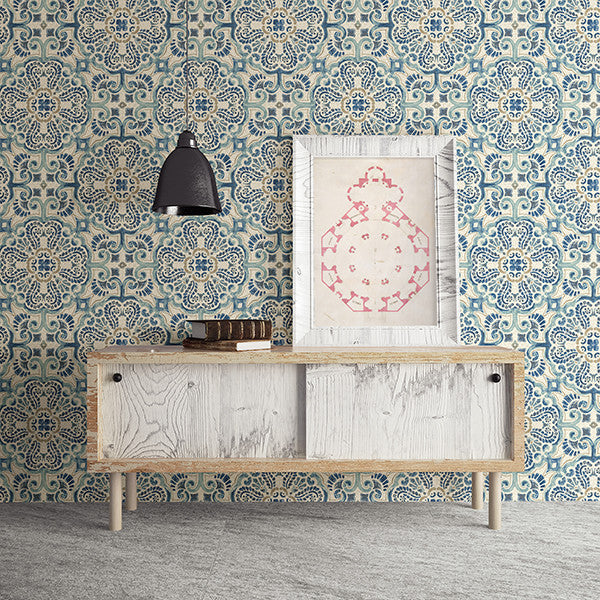 Florentine Tile Pattern Wallpaper, Blue, Bolt