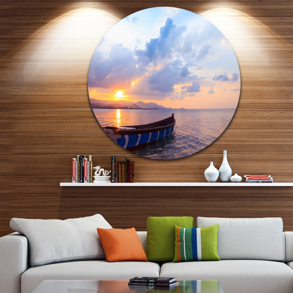Small Fishermen Boat At Sunset, Modern Seashore Round Wall Art, 11"