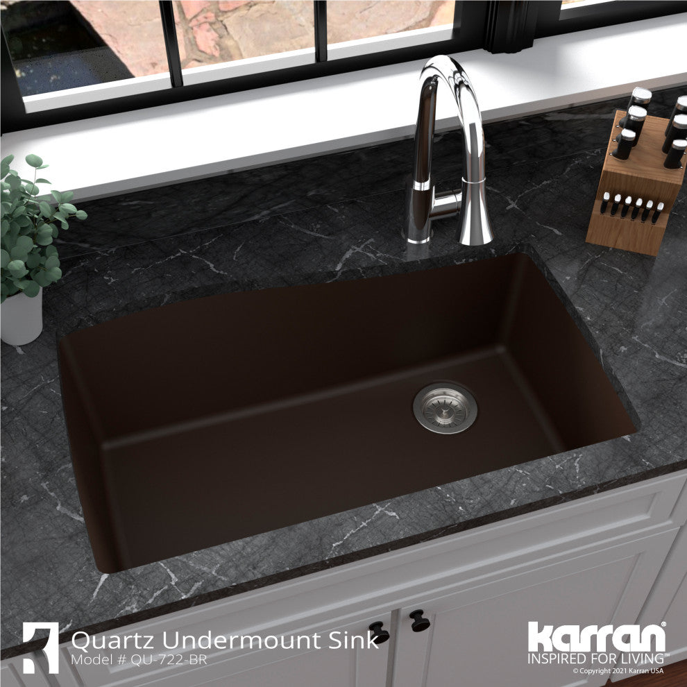 Karran Undermount Quartz Composite 33" Single Bowl Kitchen Sink, Brown