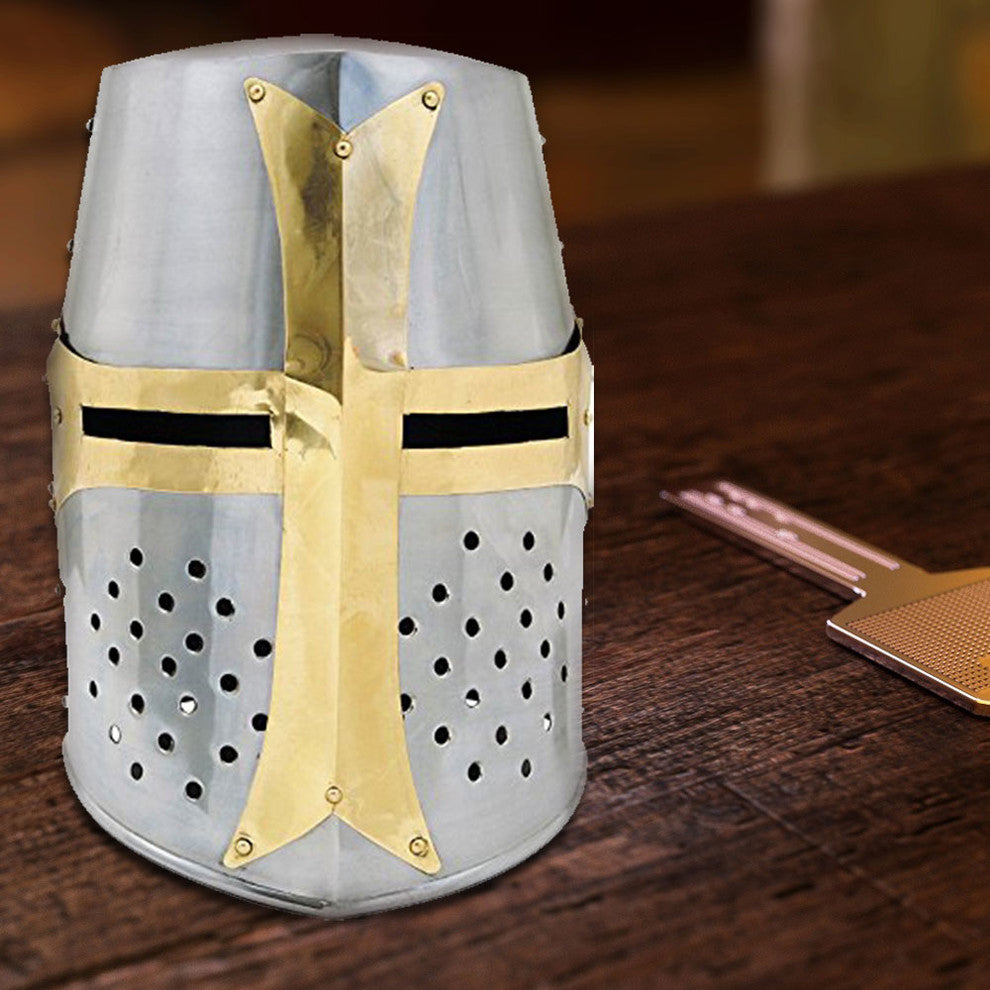 Medieval Brass Crusader Helmet, Silver and Gold