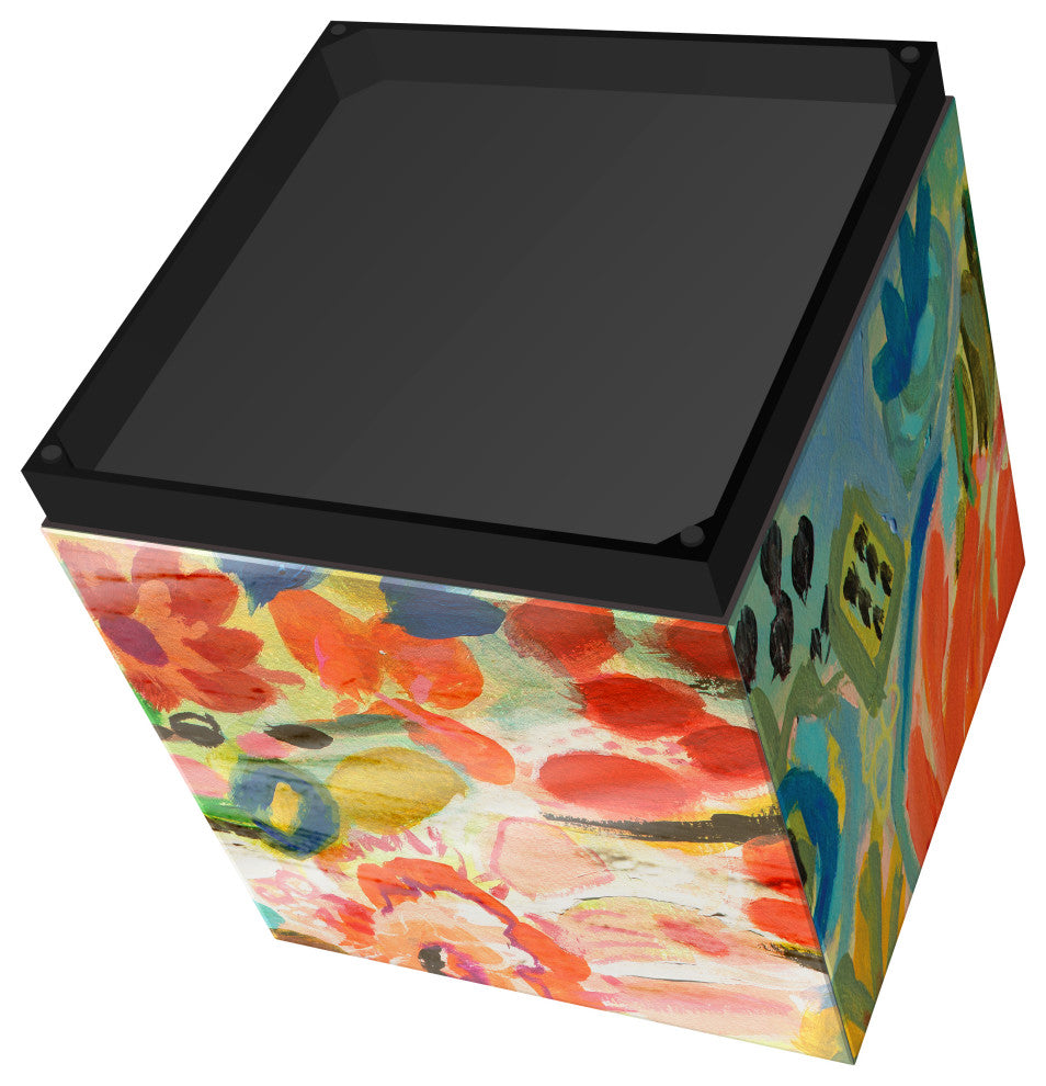 "Secret Garden Floral III" Printed Art Glass Side Table with Black Plinth Base