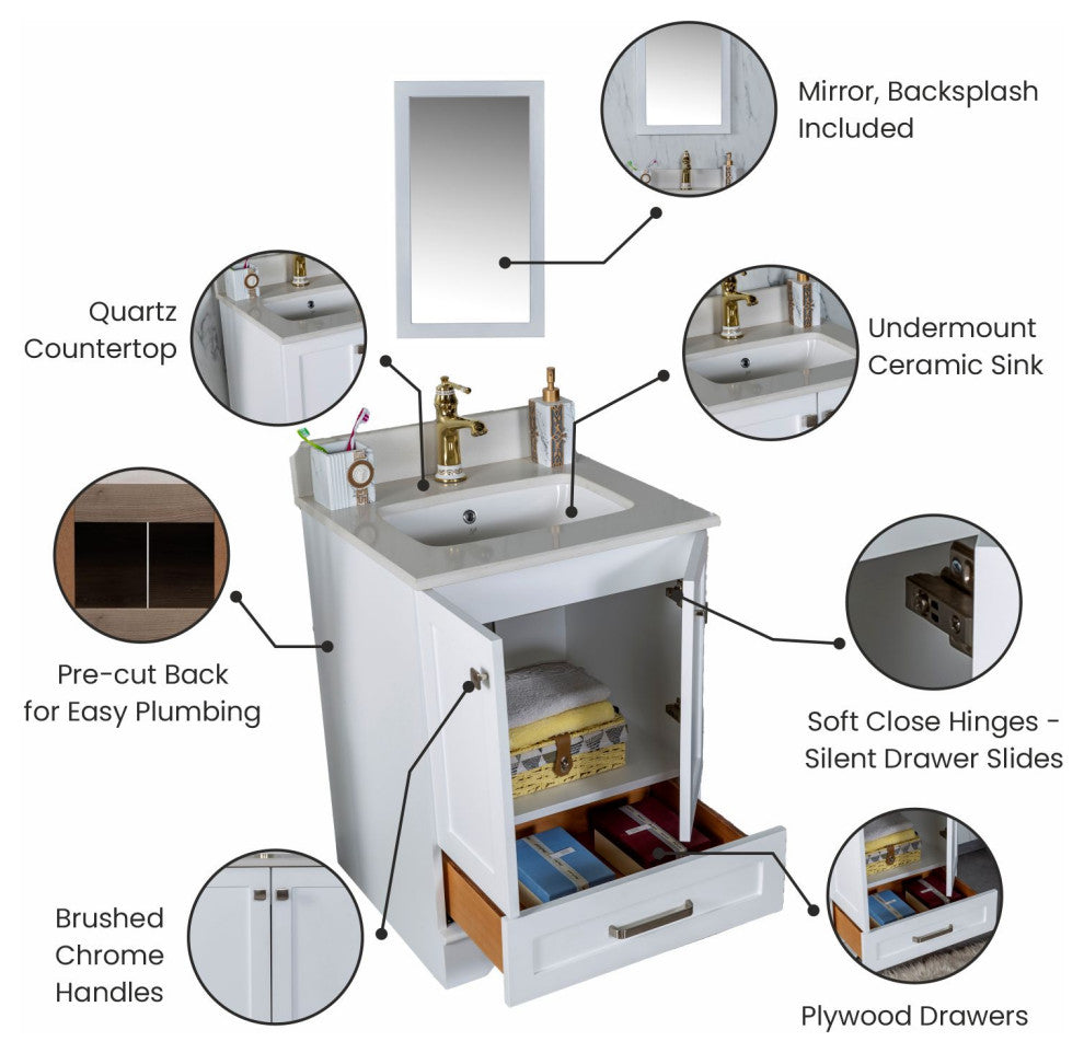Livia Collection 24" Bath Vanity Quartz Top and Ceramic Sink, White, 24"