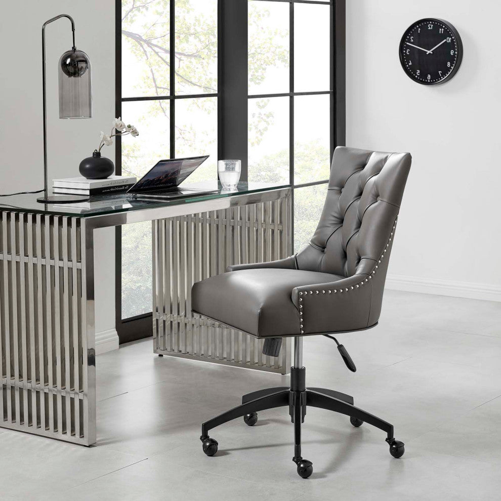 Computer Work Desk Tufted Chair, Faux Vegan Leather, Black Gray, Home Office