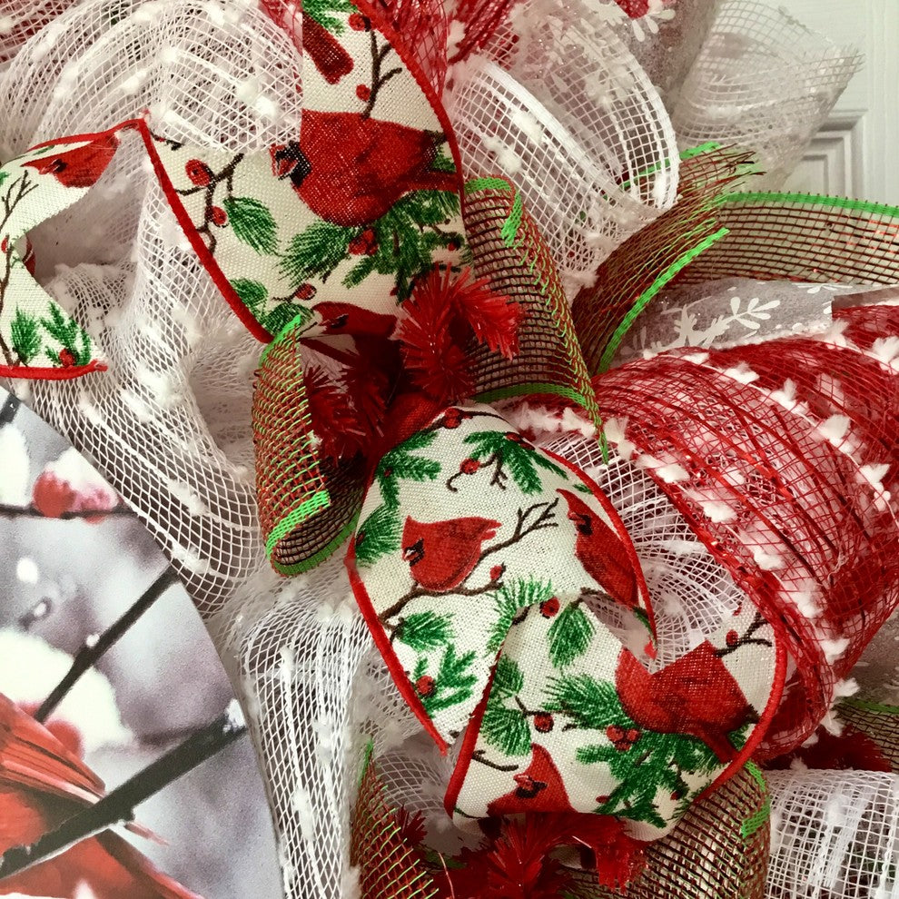 Seasons Greetings Cardinal Handmade Deco Mesh Holiday Wreath