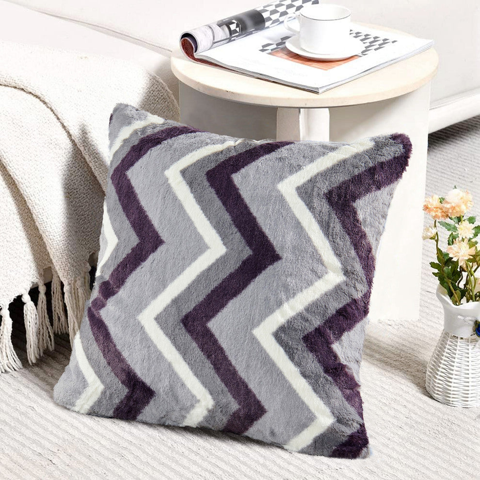 Chevron Faux Fur Pillow Shells, Set of 2, Gray Purple, 20"x20"