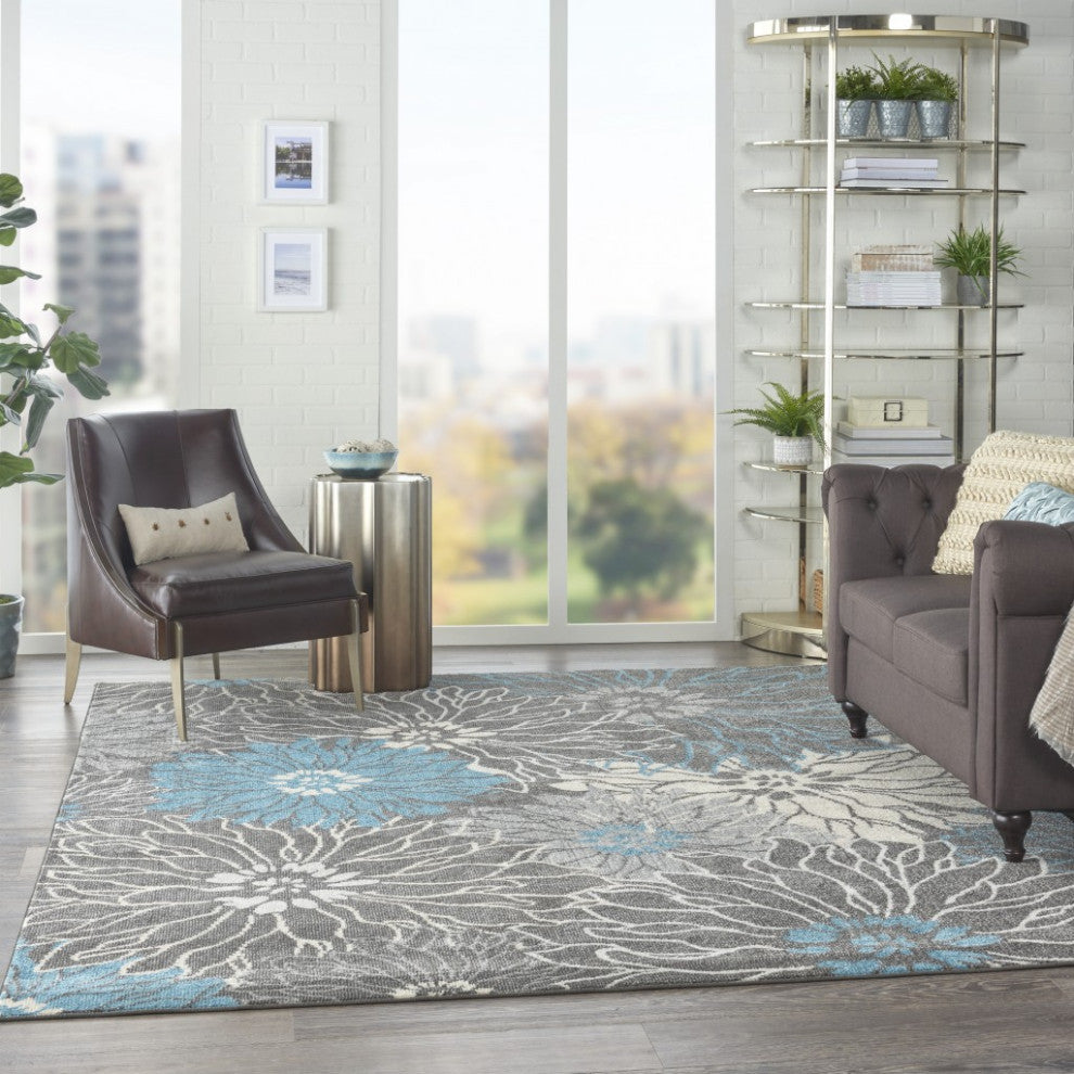 8 x 10 Charcoal and Blue Big Flower Area Rug