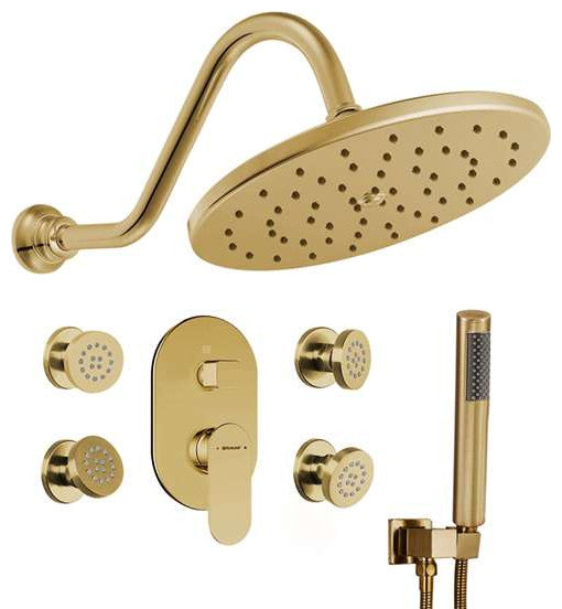 Bravat Brushed Gold Wall Mounted Shower Set, Valve Thermostatic Mixer 3-Way