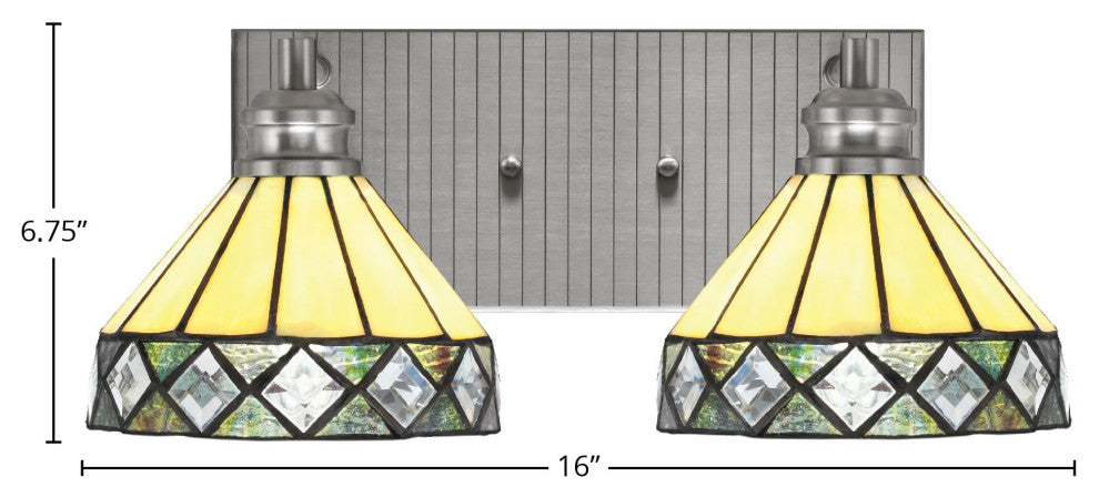 Edge 2-Light Bath Bar, Brushed Nickel Finish, 7" Diamond Peak Art Glass