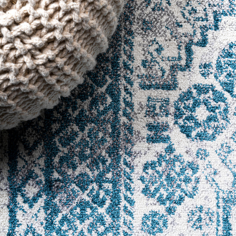 Boho Cottage Medallion Runner Rug, Blue/White, 5'x8'