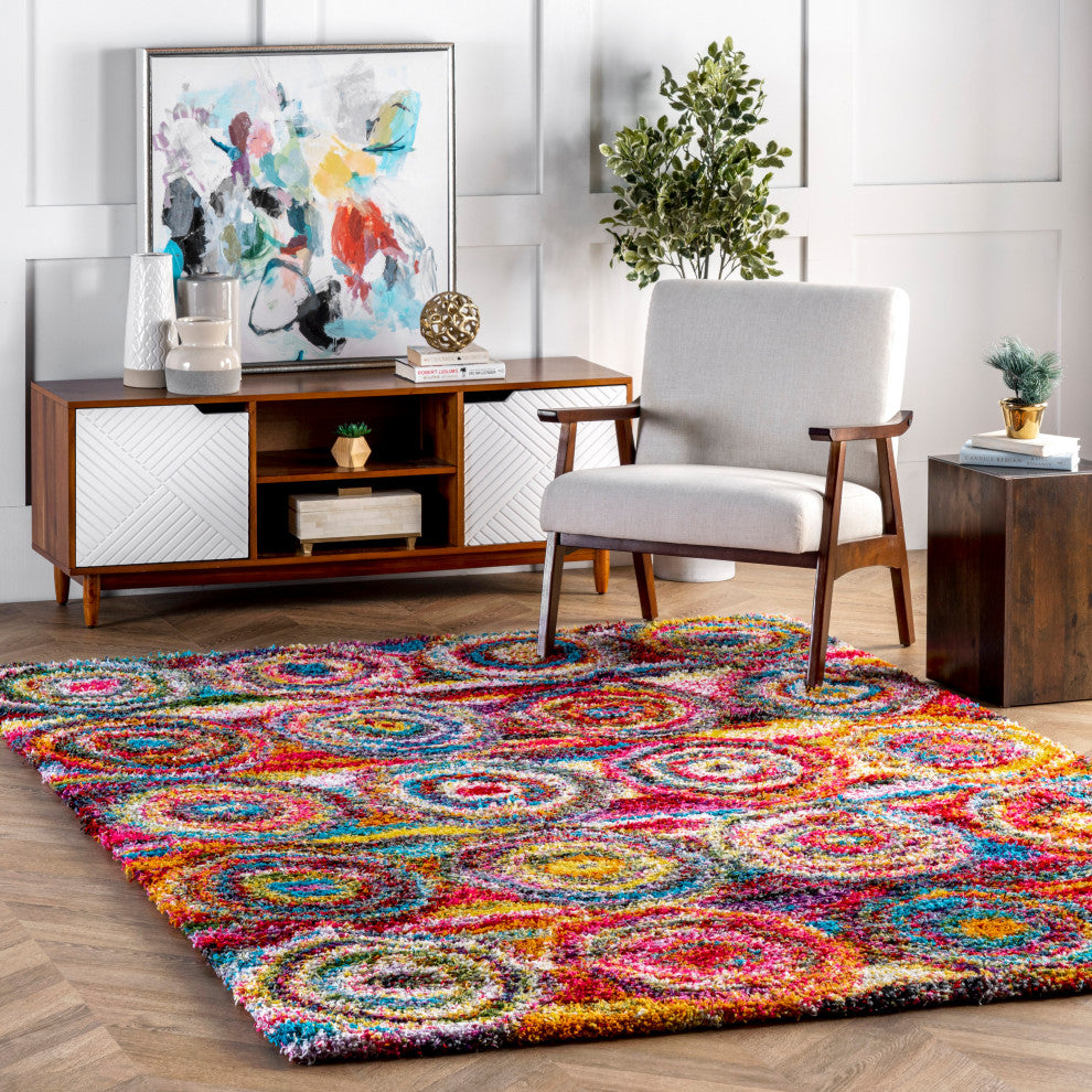 Nuloom Contemporary Abstract Circles Shag Rug, Multicolor 8'x10'