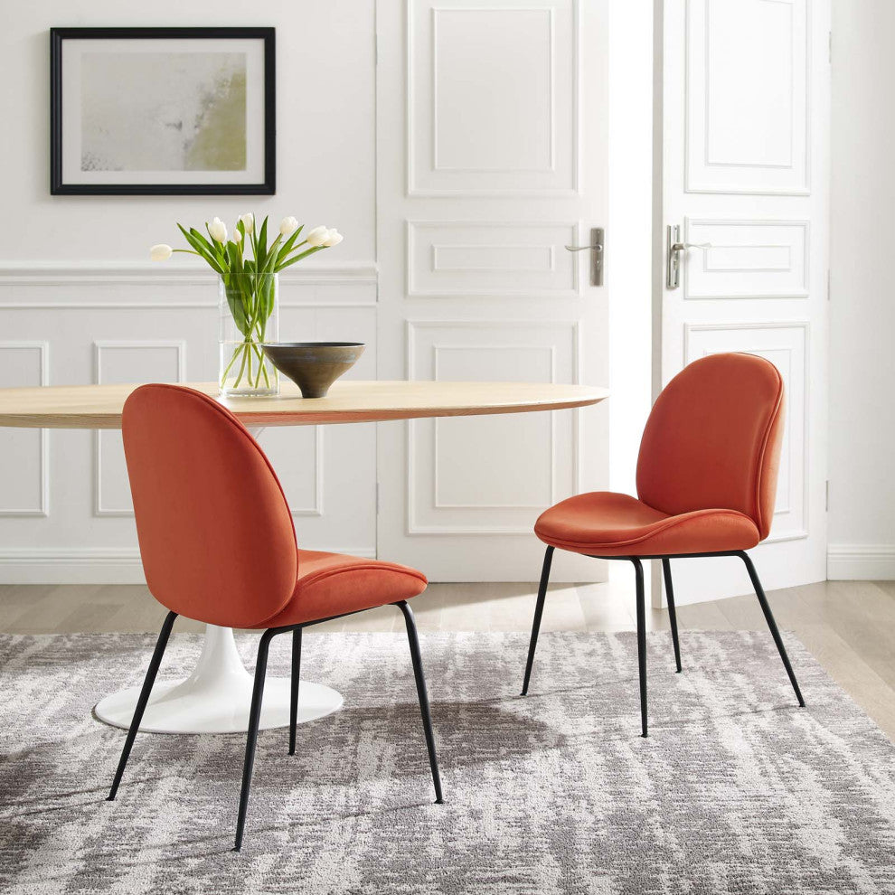 Side Dining Chair, Set of 2, Velvet, Metal, Orange, Modern, Bistro Restaurant