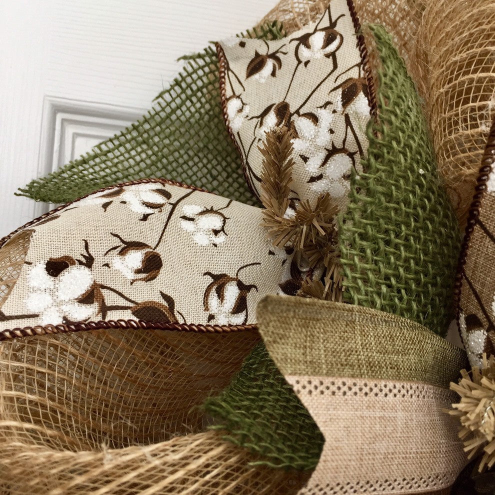 Southern Charm Cotton Blossom Burlap Deco Mesh Handmade Wreath