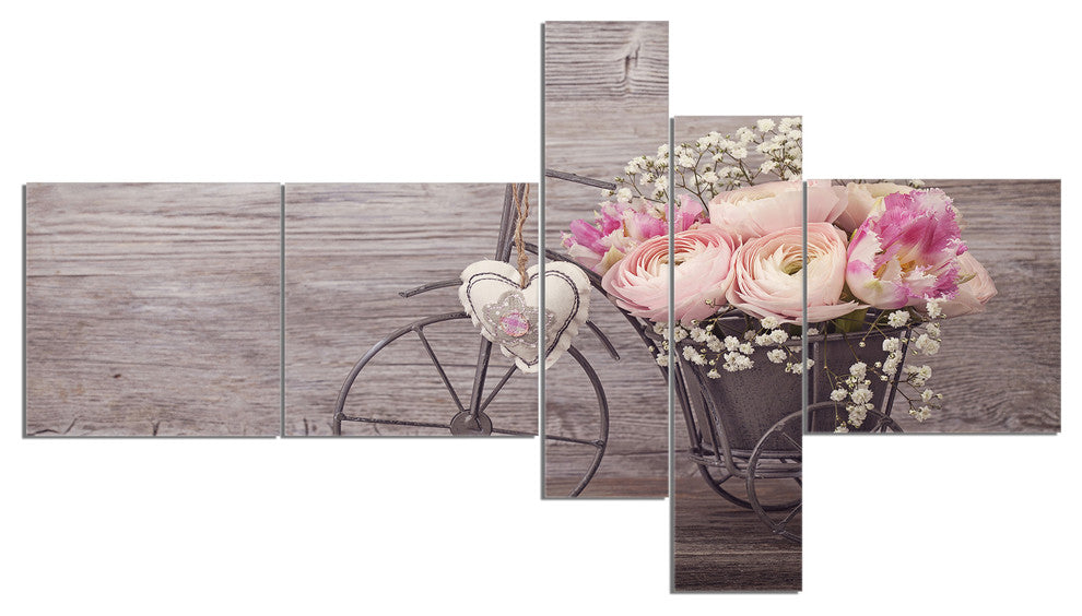 Ranunculus Flowers in Bicycle Vase, Floral Canvas Art Print, 60"x32", 5 panels