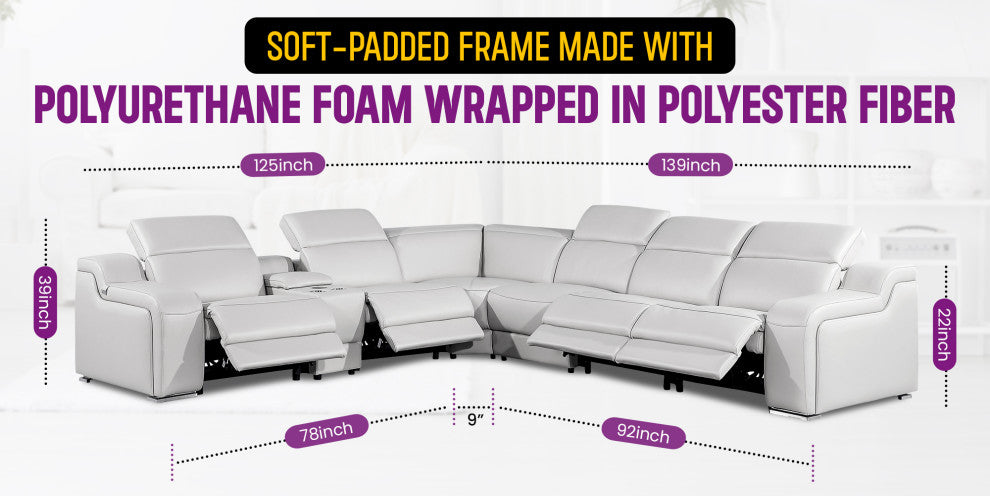 Marco-7-Piece, 4-Power Reclining Italian Leather Sectional, Dark Gray