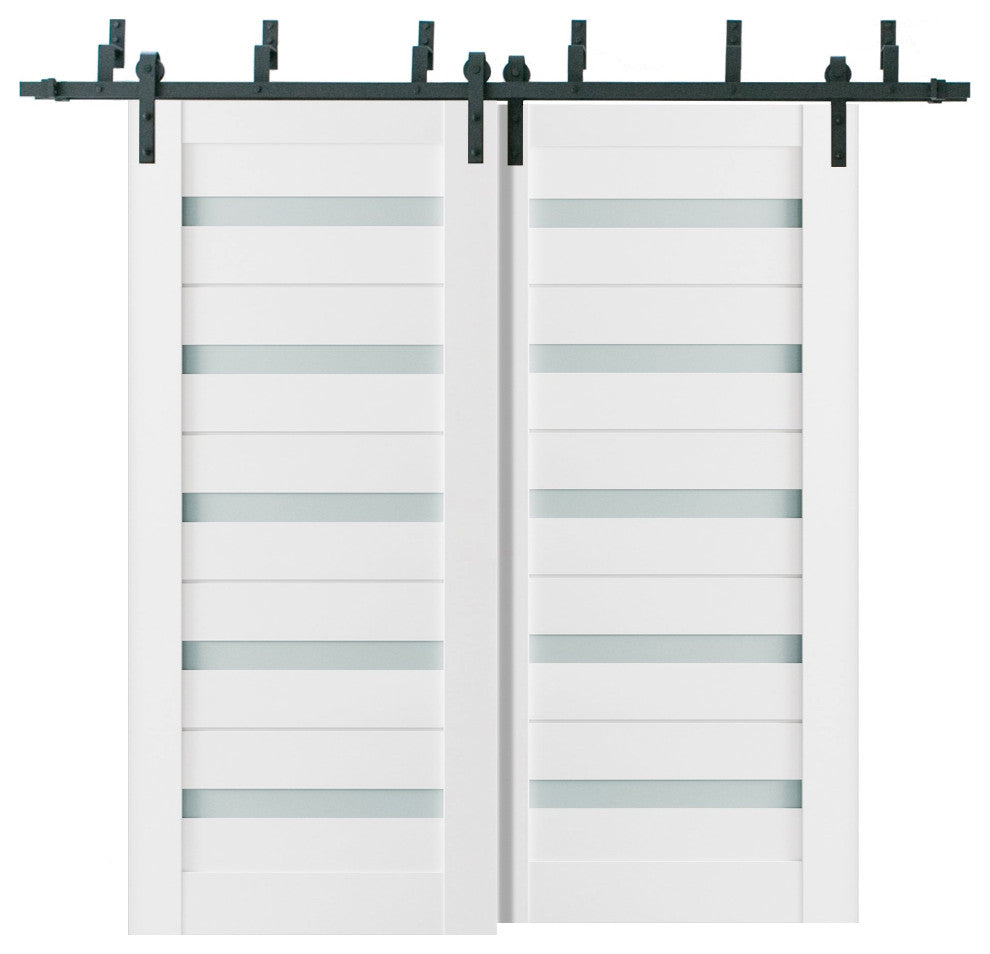 Frosted Glass Barn Bypass Doors 56 x 80, Quadro 4445 White, 6.6' Rail