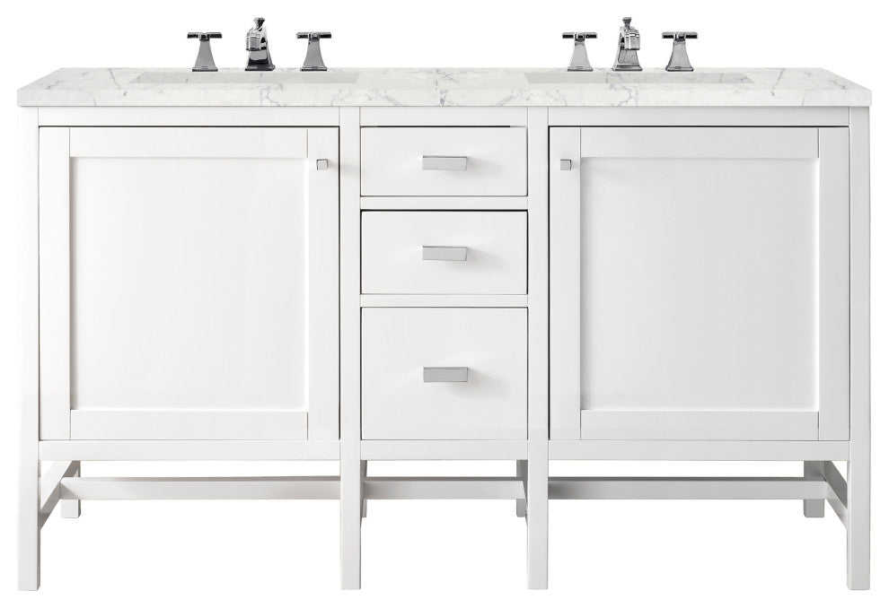 Addison 60" Double Vanity Cabinet, Glossy White, Eternal Jasmine Pearl, Three-Hole