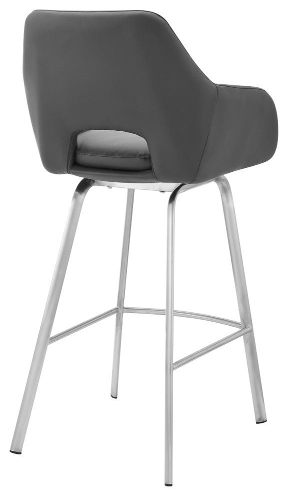 Aura Faux Leather and Metal Bar Stool, Stainless Steel/Gray, Bar Height, 29-32"