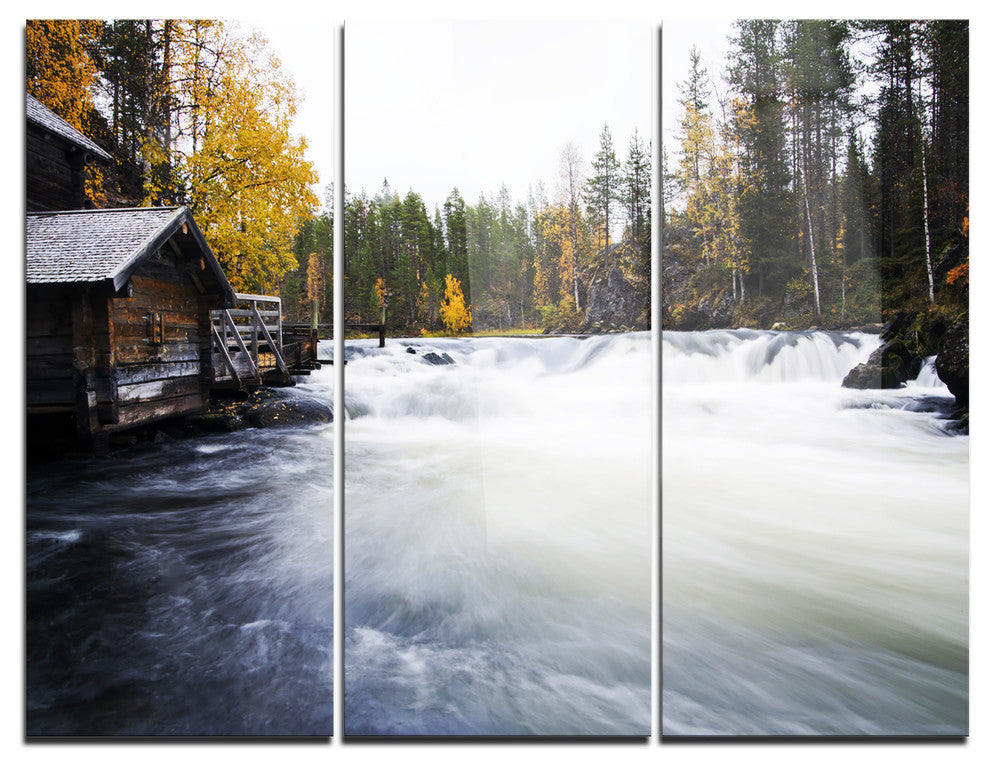 "Flowing River and Aged Watermill" Photo Metal Wall Art, 3 Panels, 36"x28"