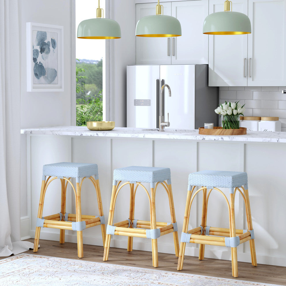 Tobias 30" Rectangular Rattan Barstool, Twilight Blue