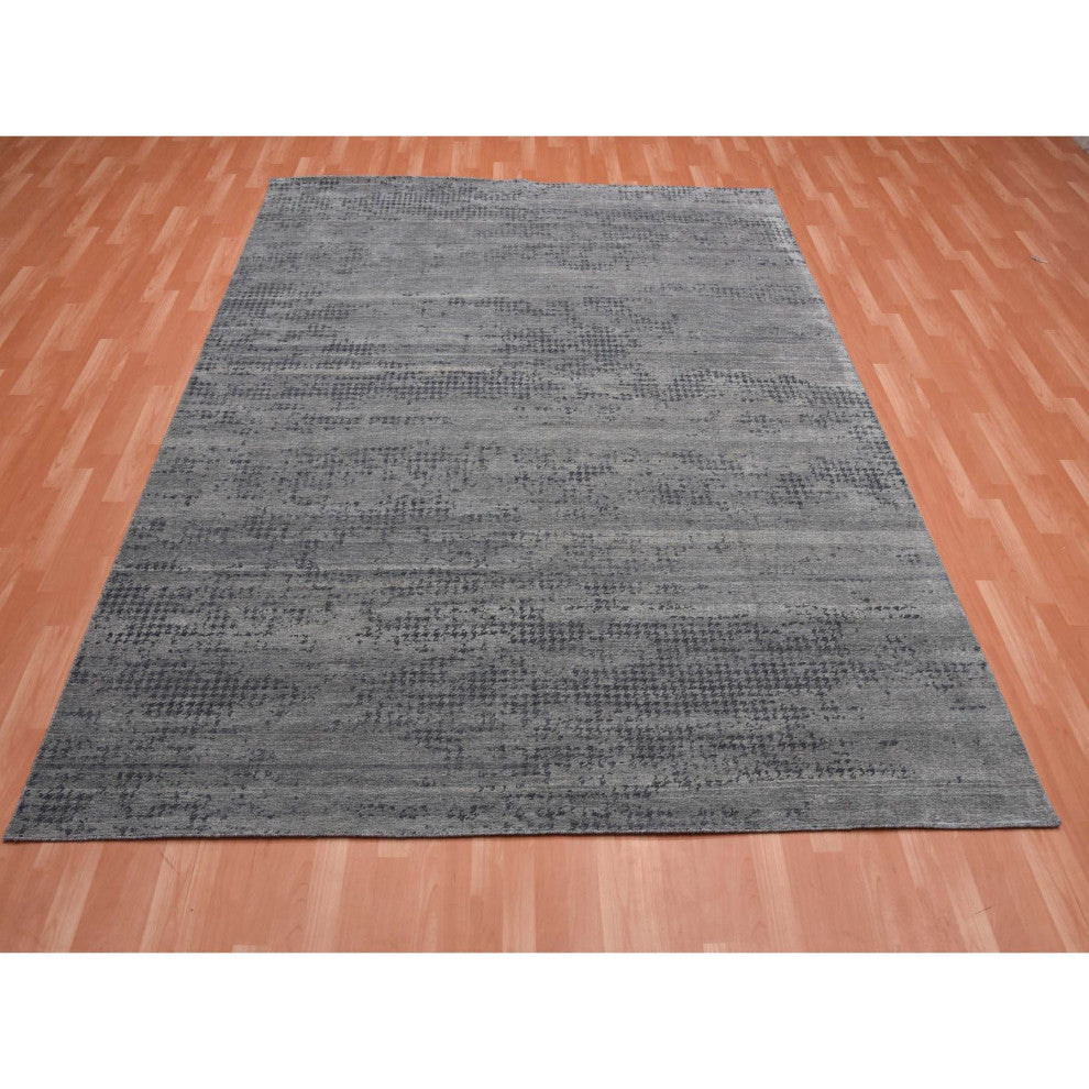 Black and Gray Modern Design Zero Pile Pure Silk Hand Knotted Rug, 8'0"x10'1"