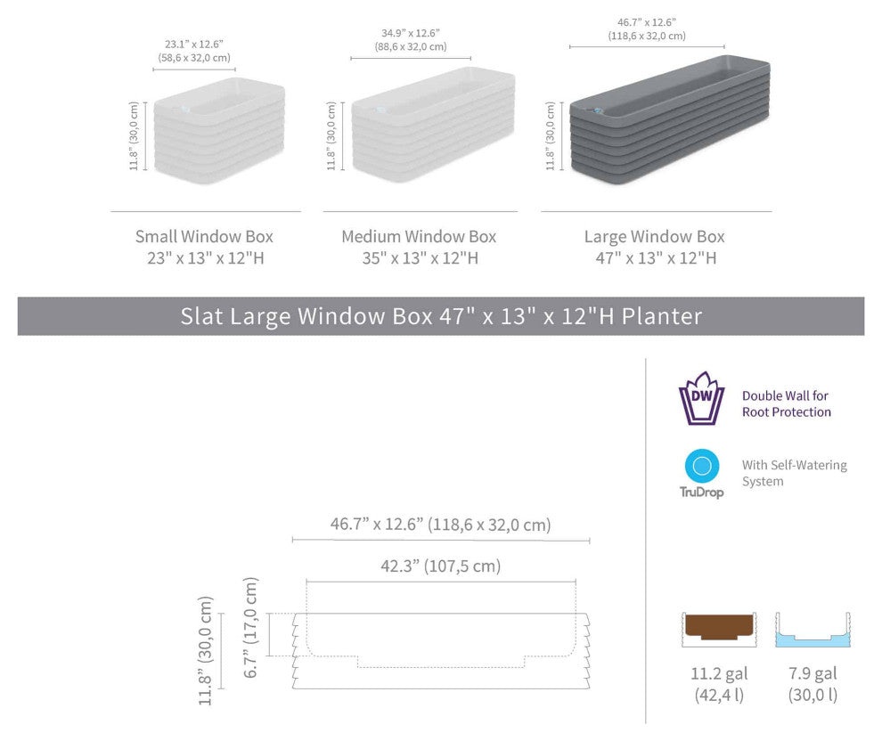 TruDrop Slat Self Watering Windowbox, Midnight, Large 47"x13"x12"h