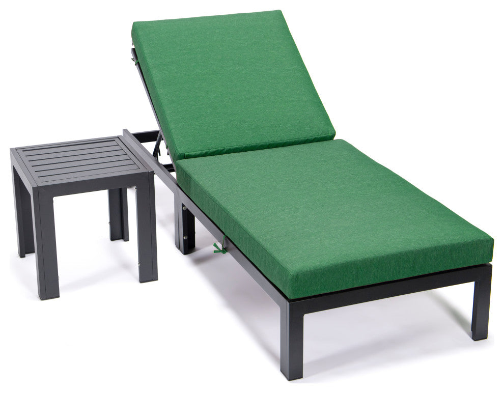 LeisureMod Chelsea Chaise Lounge Chair With Cushions & Side Table, Green