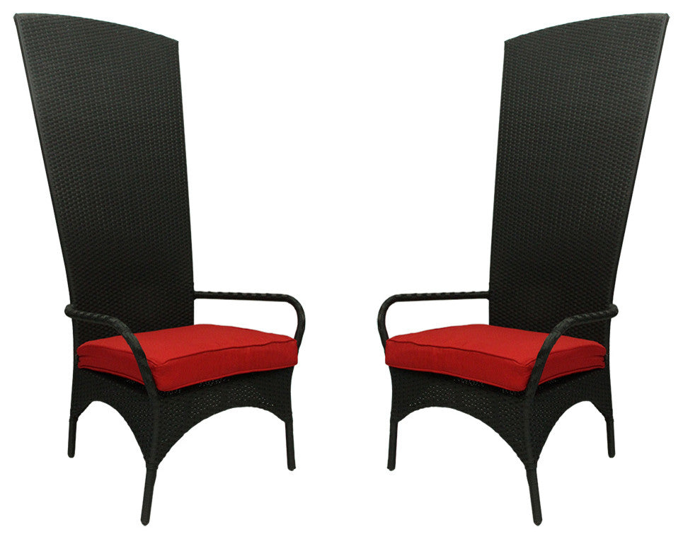 Resin Wicker Outdoor Patio King Chairs, Red Cushions, Black, Set of 2