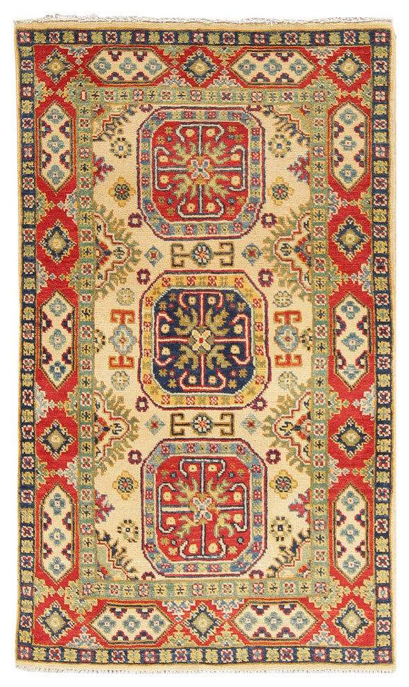Traditional Hand-Knotted Pakistani Kazak Oriental Area Rug, Beige, 4'4"X2'7"