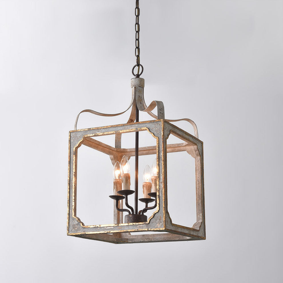 4-Light Lantern Chandelier Square Candelabra Pendant Light, Antique Gray
