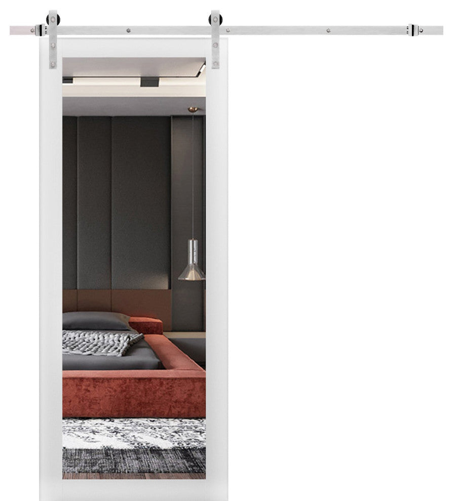 Barn Door 36 x 96, Lucia 1299 White & Mirror, Silver 6.6' Set