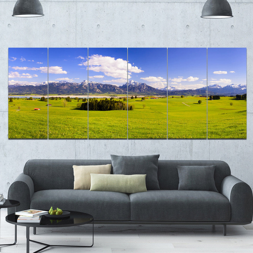 Green Bavaria Field Panorama, Landscape Canvas Art Print, 70"x28", 6 Panels