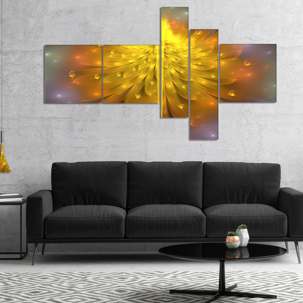 Yellow Fractal Flower with Pink, Floral Art Canvas Print, 60"x32", 5 panels