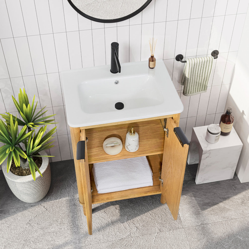 Mumbai Bath Vanity with Ceramic Basin Top without Mirror, Weathering Light Brown, 24", Single Vanity